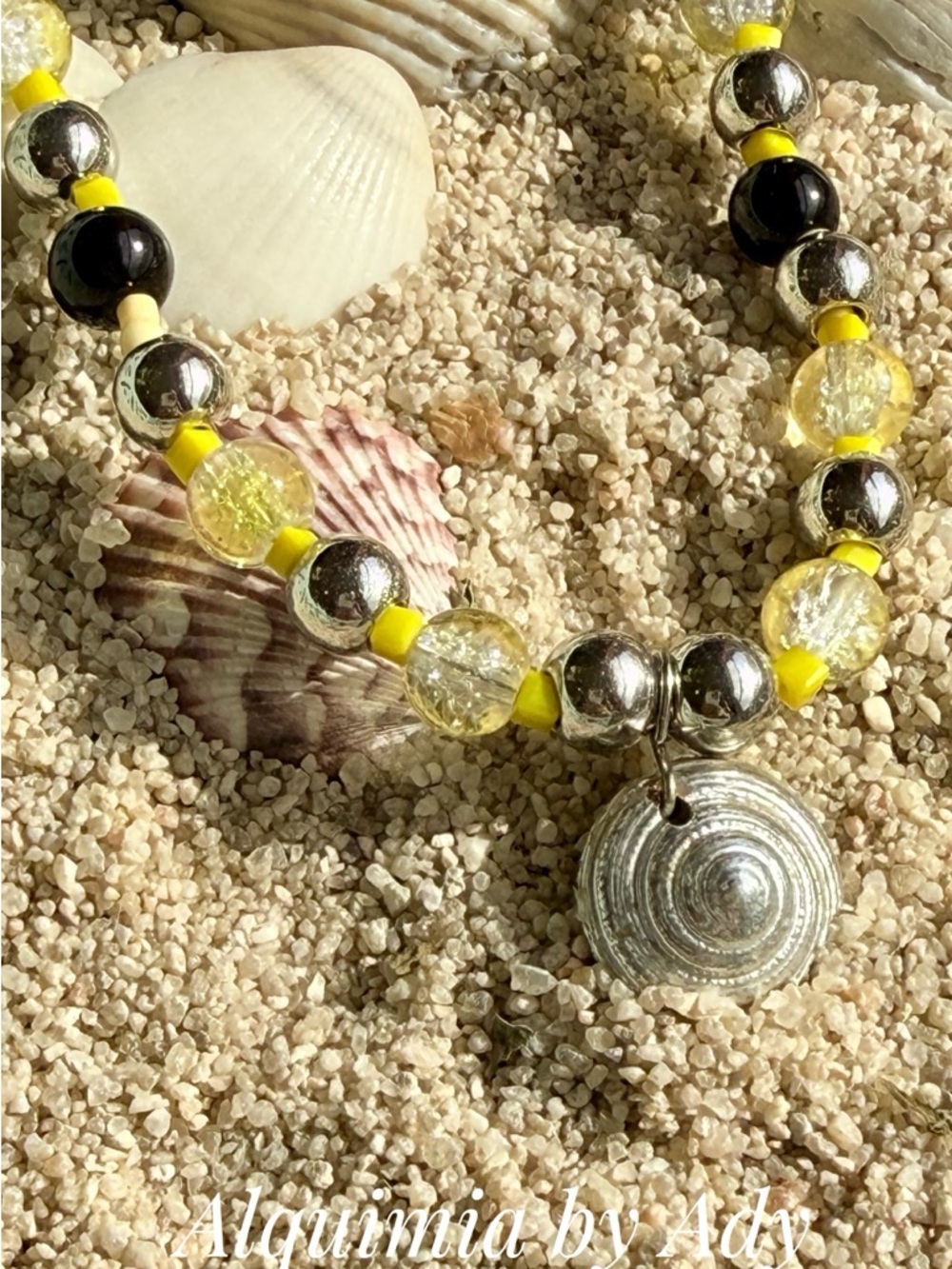 Onyx Yellow, Silver & Black Beaded Necklace with Shell Spiral Pendant